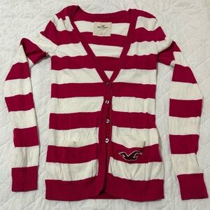 Hollister Co. Y2K Pink and White Striped Cardigan 2002’ Small